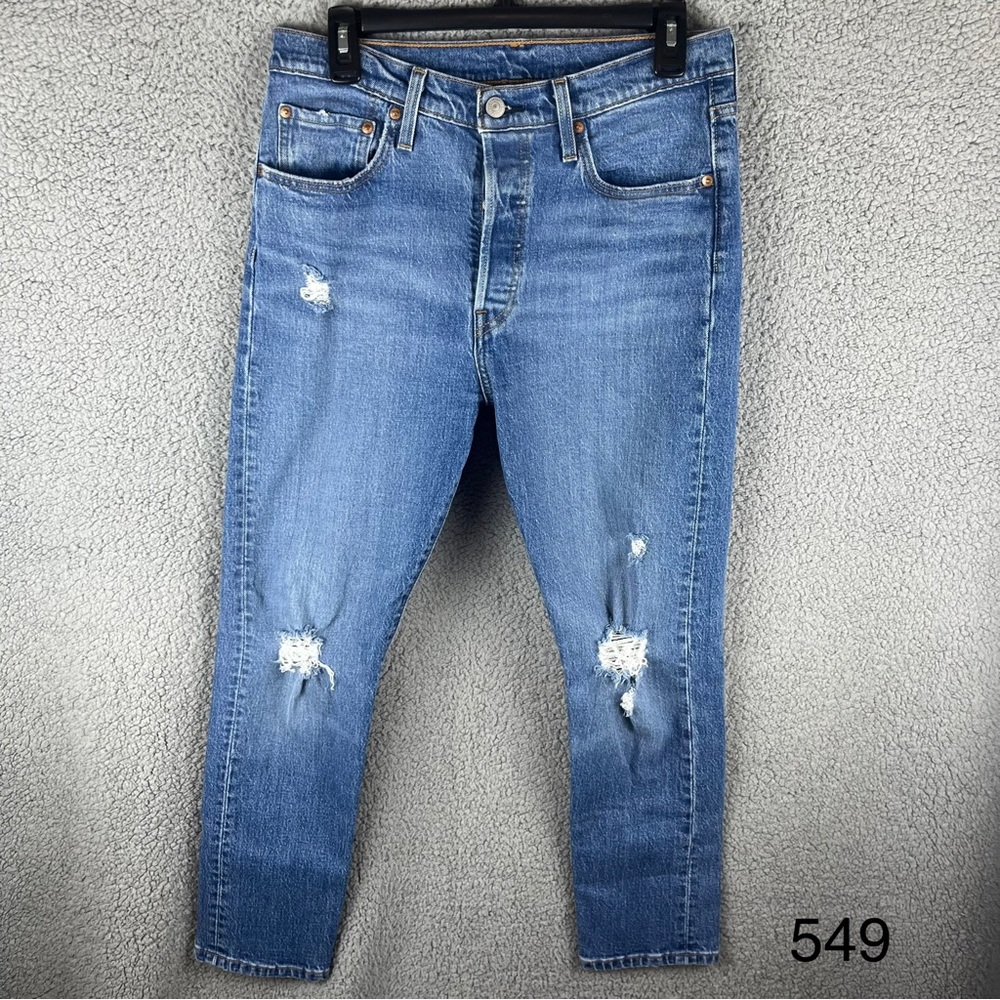 Levi’s Women’s 501 Button-fly Medium Wash Distressed Cotton Blend Jeans Size 29